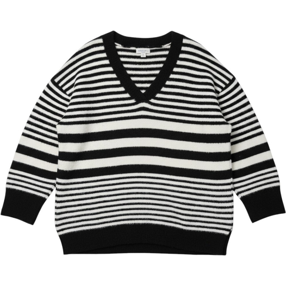 Ava & Viv Womens 2X Black White Striped V-Neck Eyelash Knit Oversized Sweater